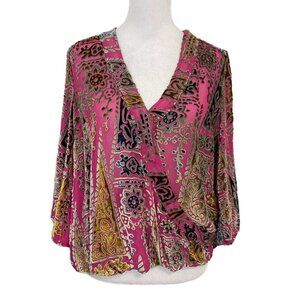 Anthropologie Floreat Silk Blend Velvet Burnout Faux Wrap Blouse Top size XS